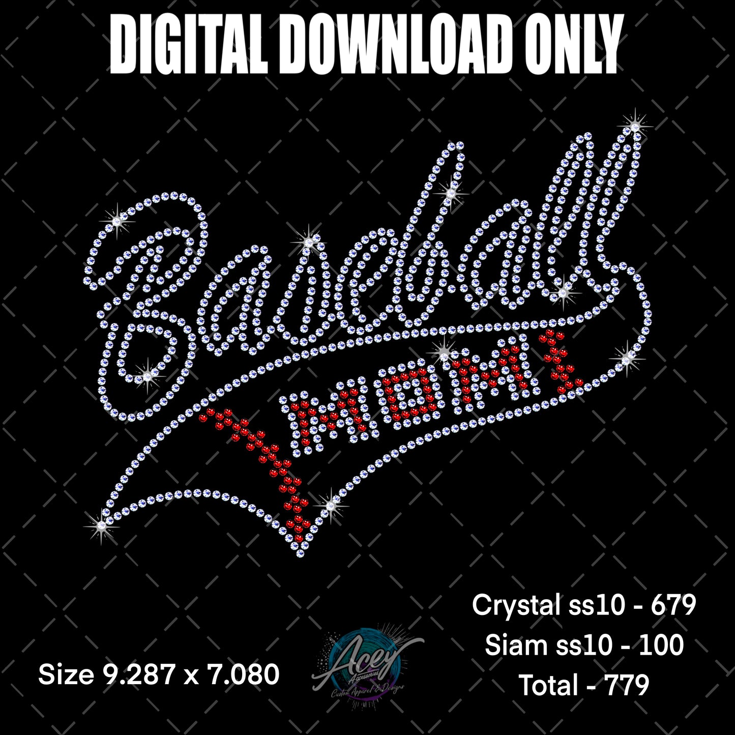 Baseball Script Tail Rhinestone Template – Digital Download